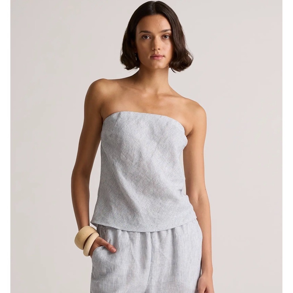 Quince 100% European Linen Strapless Blue White Pinstripe Striped Tube Top M NWT